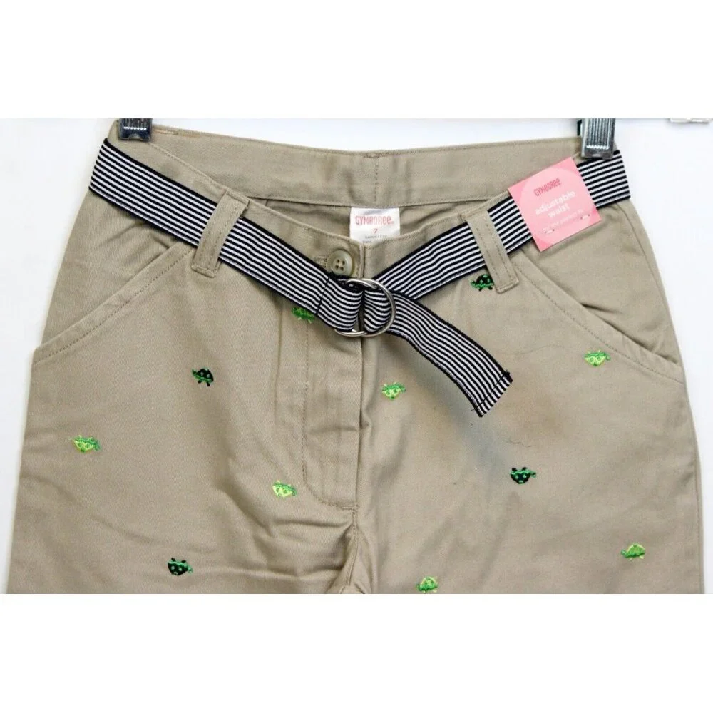 NEW 2006/05 Gymboree Prep Club Khaki Pants sz 7 Spring Turtle Ruffle Belt Embroi